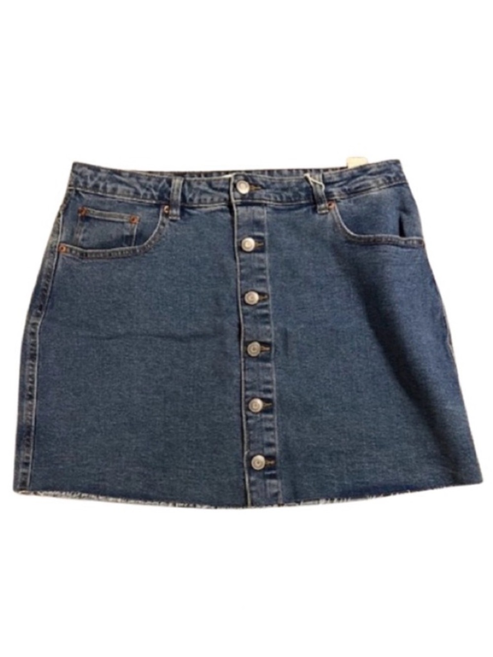 Dex Button Front Denim Mini Skirt Dark Medium Wash Raw Hem Urban Boho Size 32